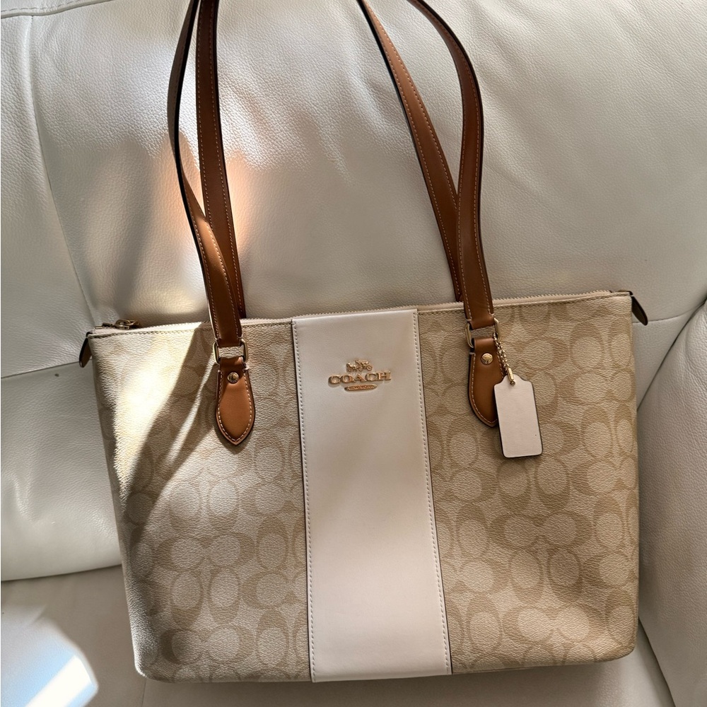 Coach Beige Signature Tote with Cream Stripe and Brown Handles